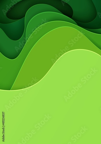 Abstract green background in paper cut style. 3d layout wallpaper cut out from cardboard. Modern template with abstract curve shapes. Vector environmental card with papercut waves for business poster.