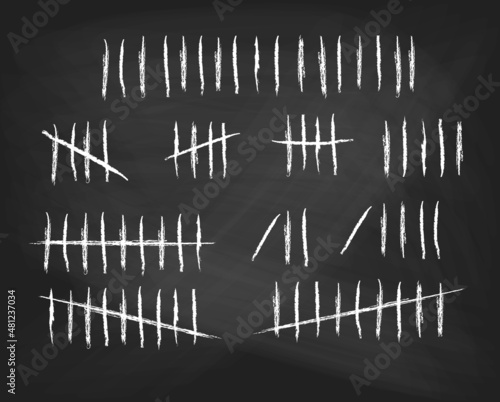 Tally marks set on school black chalkboard. Collection of white hash marks signs of prison wall, jail or desert island lost day tally numbers counting. Vector chalk drawn sticks lines counter
