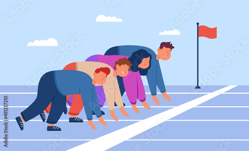 Cartoon employees getting ready for sprint race at start line. Young office workers or clerks competing in running, business competitors flat vector illustration. Competition, career, rivalry concept
