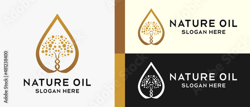 natural oil logo design template with creative tree concept in oil or water drops. premium logo illustration vector