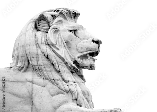 Billede på lærred Marble sculpture of lion head isolated in white