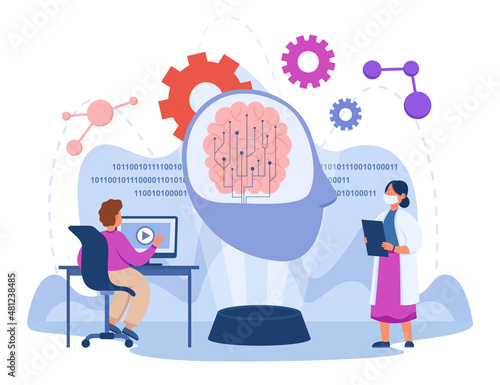 Tiny scientists developing AI using machine learning. Brain computing data flat vector illustration. Artificial intelligence, technology, science concept for banner, website design or landing web page