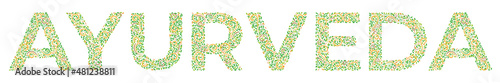 Word Ayurveda in indian ornament in oriental style on a white. Lettering with incredible ethnic ornament