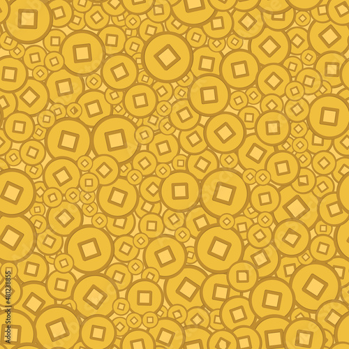 Abstract pattern with gold chinese coins for concept design. Vector festive illustration. Seamless texture. Happy new year.