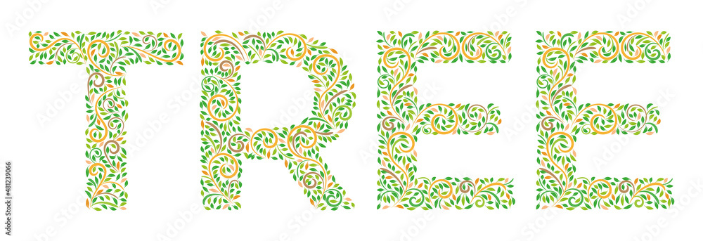Word Tree in indian ornament in oriental style on a white. Lettering with incredible ethnic ornament Word Tree in indian ornament in oriental style on a white. Lettering with incredible ethnic ornament