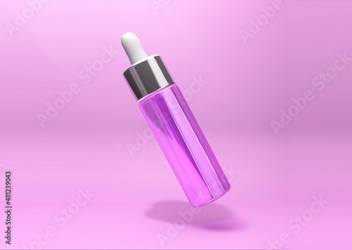 Cosmetic package.3d rendering background for beauty advertisements. Mock up of Glass serum jar with metallic cap and pipette.3d in trendy very Peri fashion color.Advertising cream for the face. Blank