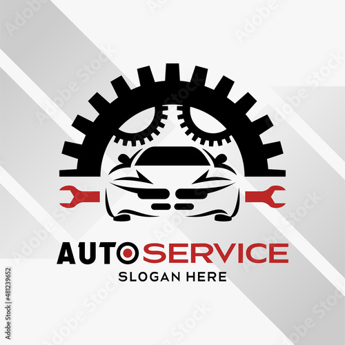 car automotive logo design in creative abstract style with engine gear element and wrench. Fast and Speed logo template vector. automotive logo premium illustration vector