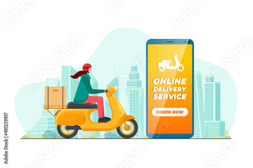 Safe contactless delivery service app concept. Girl courier in motorbike helmet on motor scooter moped delivering package box. Online ordering mobile application on cityscape and location pin. Vector