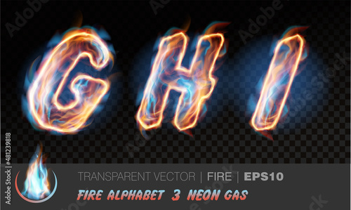 Alphabet of neon gas fire. Transparent realistic vector on dark background. Fiery font with light effect for your text. Letters GHI