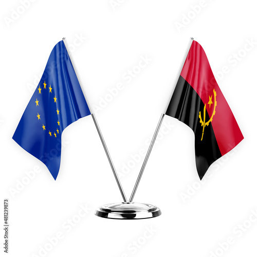 Two table flags isolated on white background 3d illustration, european union and angola