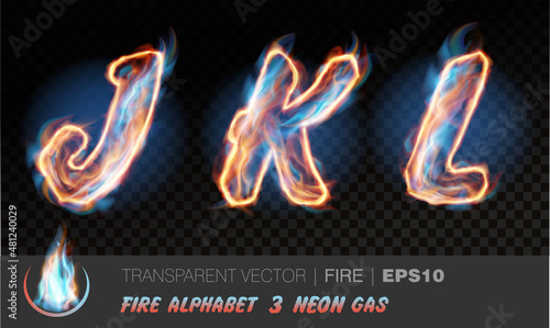 Alphabet of neon gas fire. Transparent realistic vector on dark background. Fiery font with light effect for your text. Letters JKL
