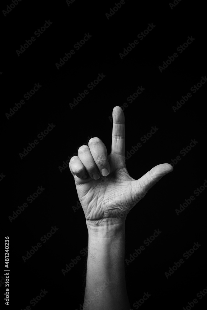 B+W image of hand demonstrating Chinese sign language letter L isolated against black background B+W image of hand demonstrating Chinese sign language letter L isolated against black background