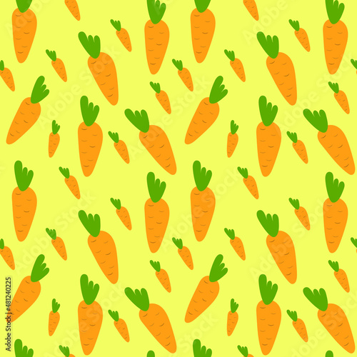 Funny seamless pattern with leaves and vegetable. Vegetable summer pattern, colorful print for design .Carrot pattern