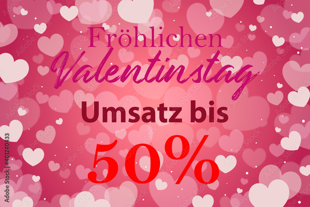 Karte oder Banner, um einen fröhlichen Valentinstag mit bis zu 50 % Rabatt auf einem rosa Hintergrund mit rosa und weißen Herzen im Bokeh-Effekt zu wünschen