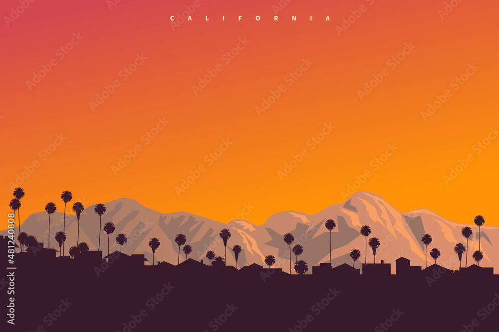 Picturesque sunset somewhere over California, USA. Original postcard style vector illustration