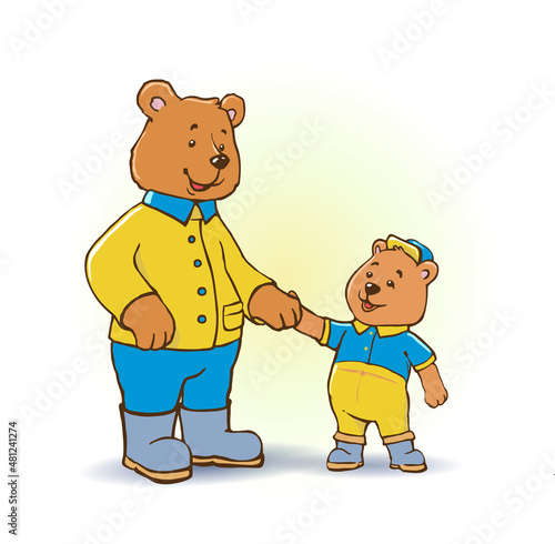 Happy Father's Day illustration with cute cartoon bear characters, son and father. Vector character design.