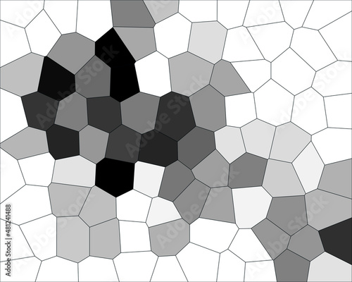 Abstract graphic mosaic or puzzle consists of gray black white polygons. Laconic minimal composition. Conceptual geometric flat design. Digital artwork. Great as cover, print, blank, background.
