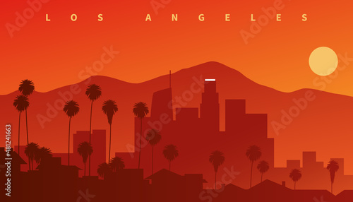 Obraz na płótnie Downtown Los Angeles at sunset. Skyline silhouette with mountains in the background and palms in the foreground, California, USA w salonie