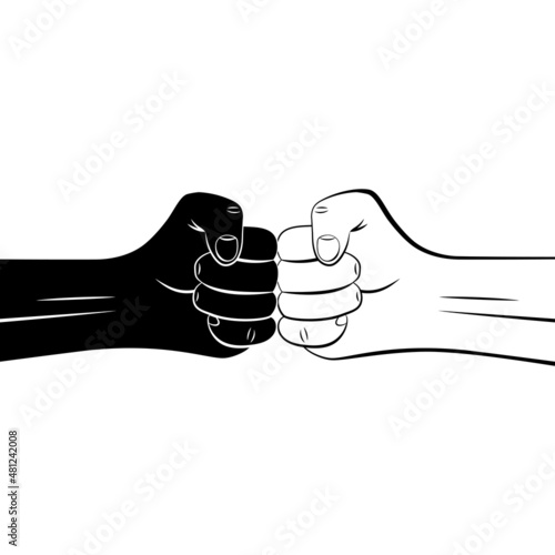 Two clenched man outline and silhouette fists bumping together. Concept of conflict, confrontation, resistance, competition, struggle, unity. Vector illustration