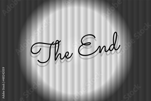The End text on closed white silky luxury theater curtain background with spotlight beam illuminated. Black title on old silent movie ending backdrop. Promotion message noir vector eps banner
