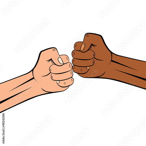 Icon of friendly bumping of interracial clenched fists together. Concept of team work, partnership, friendship and unity. Greeting hands gesture. Vector illustration