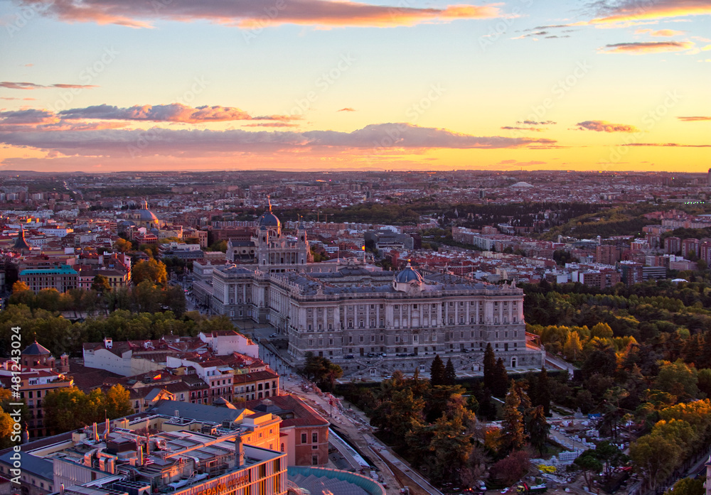 panoramic view from the top of the historic center of Madrid at sunset 