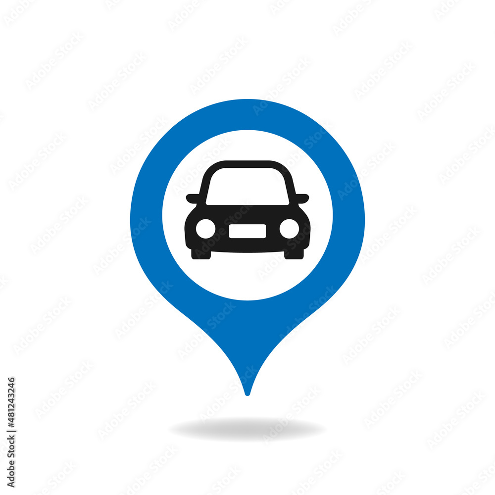 Car and maps pin icon. Destination mark, road sign, parking spot isolated on white background. Vector Car and maps pin icon. Destination mark, road sign, parking spot isolated on white background. Vector