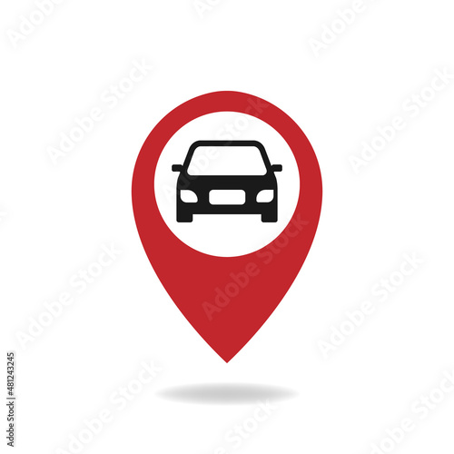 Car and maps pin icon. Destination mark, road sign, parking spot isolated on white background. Vector