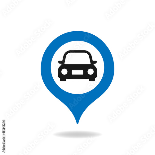Car and maps pin icon. Destination mark, road sign, parking spot isolated on white background. Vector