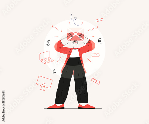 Startup illustration. Flat line vector modern concept illustration of a young man, startup metaphor. Concept of building new business, planning and strategy, teamwork and management, company processes
