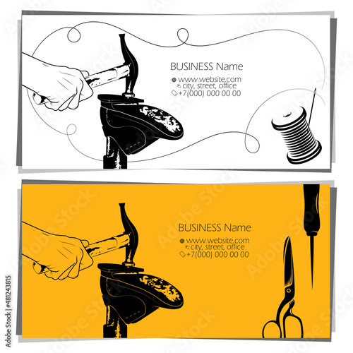 Hammer in hand and shoe. Shoe repair business card