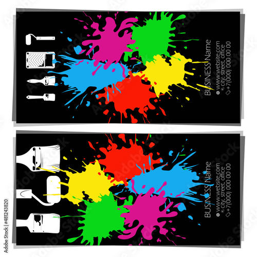Brushes and colored paint. House painter business card concept. Blots and drops of paint