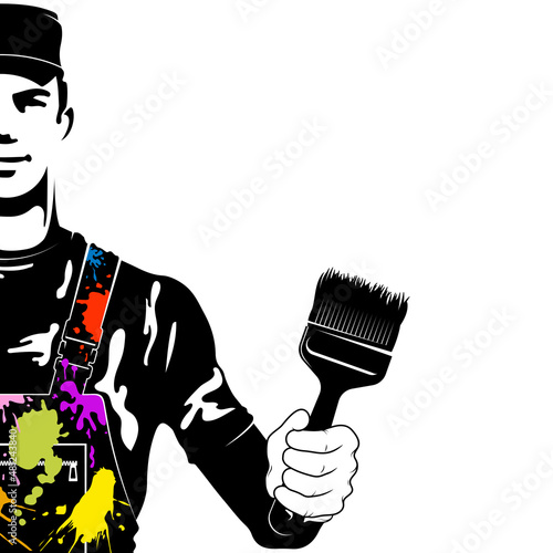 Painter with a brush in his hand. Symbol for a painter worker. Colored paint blot