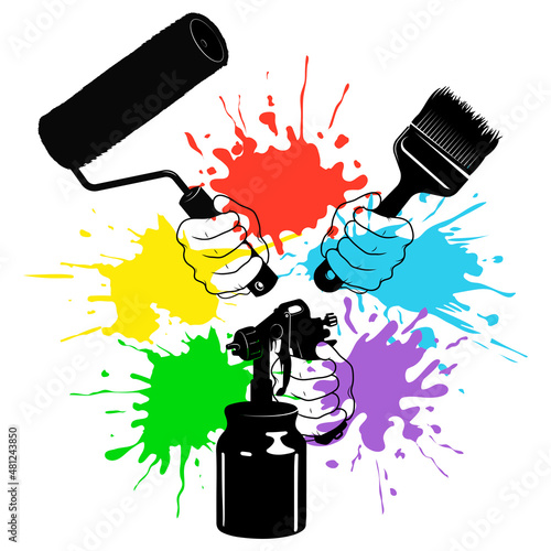 Painting tool in hand. Drops and blots of colored paint. Painting and updating symbol