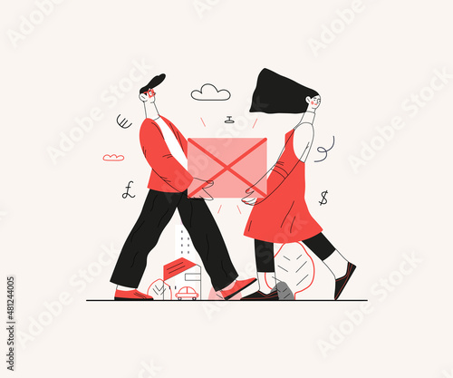 Startup illustration. Flat line vector modern concept illustration of young people, startup metaphor. Concept of building new business, planning, strategy, teamwork and management, company processes