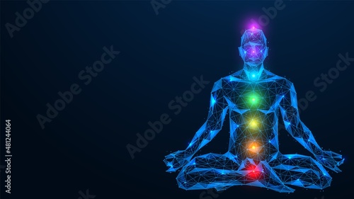 Meditation in the lotus position. Yoga practice. Polygonal design of interconnected lines and points. Blue background.