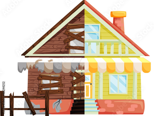 Home renovation, house before and after repair. New and old suburban cottage. Remodel construction. Old run-down house remodeled into cute traditional suburban cottage. Building maintenance service