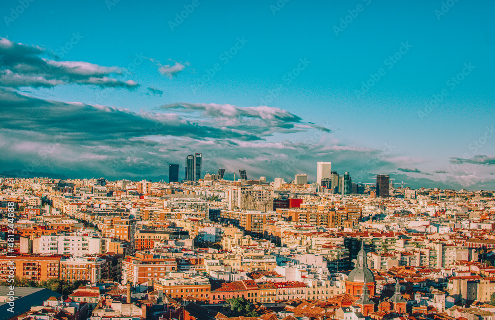 panoramic view from the top of the historic center of Madrid at sunset 