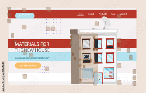 Materials for new house landing page template. Construction and building industry accessories, equipment web site. Goods for interior and facade repairs. Building maintenance and development service