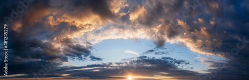 Beautiful panorama of cloudy sunset sky.