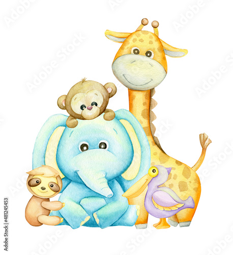 Elephant, giraffe, monkey, sloth, pelican. Watercolor animals in cartoon style, on an isolated background.