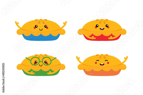 Set, collection of cute and colorful cartoon style pie characters for food and cooking design. 