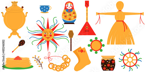 ussian wide and happy Shrovetide or Maslenitsa.Traditional Russian holiday "Maslenitsa" is a farewell to winter.Colorful vector illustration.EPS 10