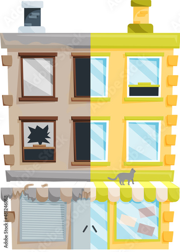 Home renovation, house before and after repair. New and old suburban cottage. Remodel construction. Old run-down house remodeled into cute traditional suburban cottage. Building maintenance service