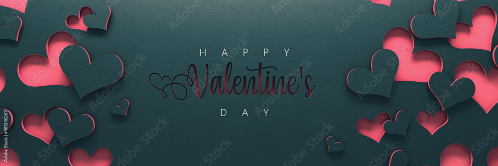 Happy Valentine's Day text with cutout paper hearts on green background 3D Rendering, 3D Illustration	 - obrazy, fototapety, plakaty 