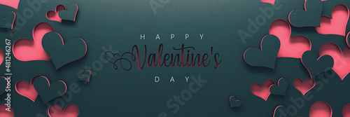 Happy Valentine's Day text with cutout paper hearts on green background 3D Rendering, 3D Illustration	
