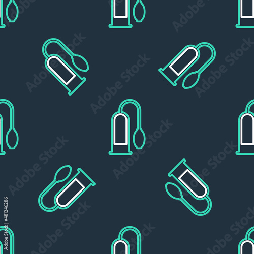 Line Penis pump icon isolated seamless pattern on black background. Penis enlarger. Sex toy for men. Vacuum pump with a blower to increase the penis. Vector