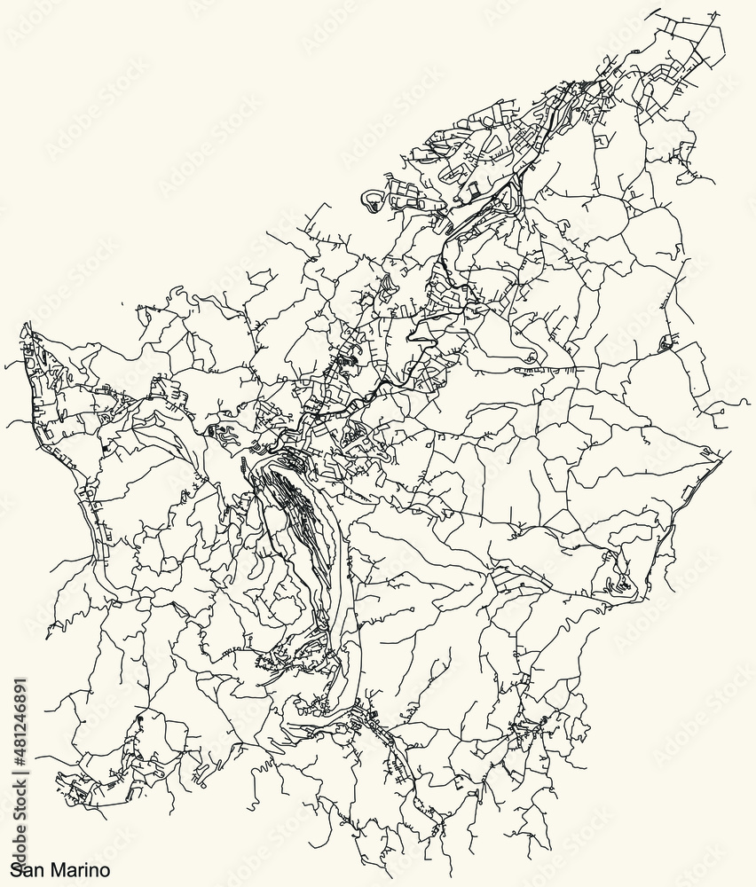 Detailed navigation black lines urban street roads map of the Republic of SAN MARINO on vintage beige background