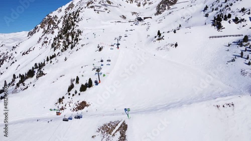 Aerial moving 4K view over the skiing area of Obertauern in Austria with its skilfts and slopes during winter photo