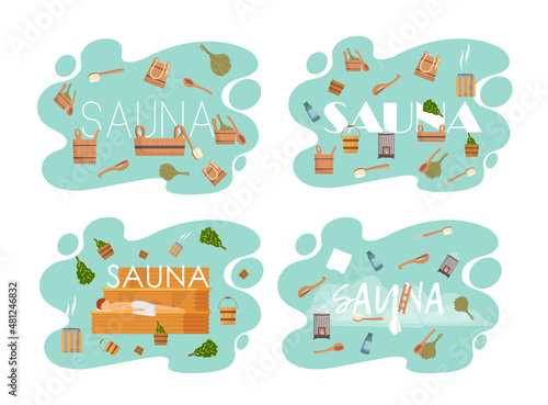Sauna and steam room. Set of people in sauna. People relax and steam with birch brooms in traditional russian stove for female and male. Finnish bathhouse. Public sauna, Friends in spa resort
